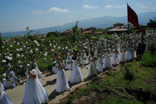&quot;Las Doncellas&quot; (девы), одетые в свадебные белые платья, в окружении цветов, принимают участие в паломничестве &quot;Дев&quot; в Сорцано, северная Испания, в воскресенье, 15 мая 2022 года. Согласно древним традициям, паломничество проводится в честь весеннего сезона и плодородия. - Sputnik Молдова