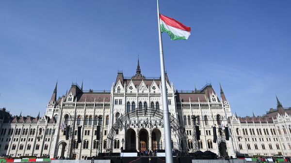 Drapelul Ungariei arborat în fața clădirii Parlamentului, Budapesta - Sputnik Moldova-România