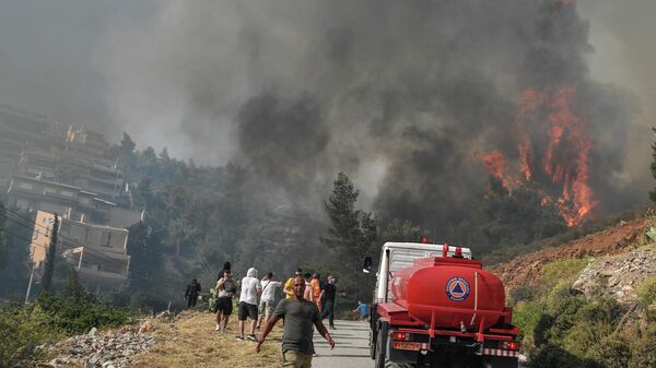 Местные жители пытаются помочь справиться с лесным пожаром в районе Панорама Вулас, к югу от Афин - Sputnik Moldova-România