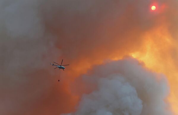 Гn elicopter de stingere a incendiilor care transportă apă peste un incendiu forestier care a izbucnit în districtul Datзa din Mugla, Turcia. - Sputnik Moldova-România