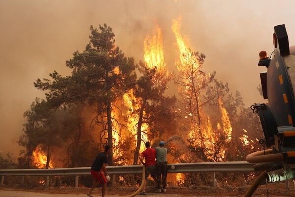 Voluntarii ajută la stingerea unui incendiu forestier care a izbucnit în districtul Datзa din Mugla, Turcia, pe 13 iulie 2022. - Sputnik Moldova-România