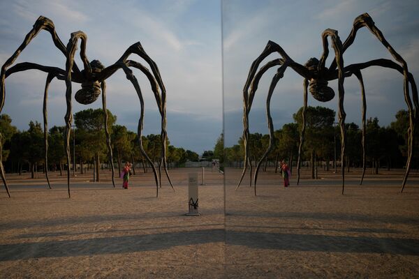 Женщина стоит под 10-метровой монументальной скульптурой &quot;Маман&quot; (1999) работы Луизы Буржуа в Культурном центре Фонда Ставроса Ниархоса в Афинах, Греция, среда, 13 июля 2022 года. Гигантский паук, одна из работ, которая сделала художника всемирно известным. - Sputnik Молдова