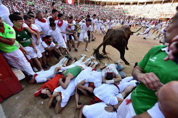 Бык перепрыгивает бегунов, выходящих на арену во время забега быков на фестивале Сан-Фермин в Памплоне, северная Испания, вторник, 12 июля 2022 года. - Sputnik Молдова
