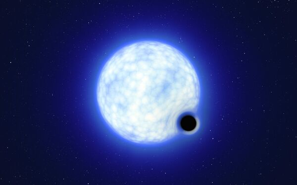 Художественное изображение двойной системы VFTS 243, состоящей из голубой звезды, масса которой в 25 раз превышает массу Солнца, и черной дыры. - Sputnik Молдова