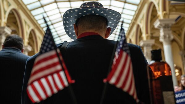 Мужчина в шляпе с американским флагом виден в здании Капитолия - Sputnik Moldova-România
