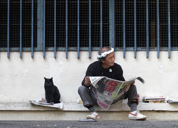 Кошка сидит рядом с мужчиной в парке в Токио. - Sputnik Молдова