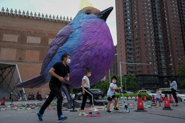 Горожане в масках проходят мимо гигантской птицы, выставленной возле художественной галереи в Пекине - Sputnik Молдова