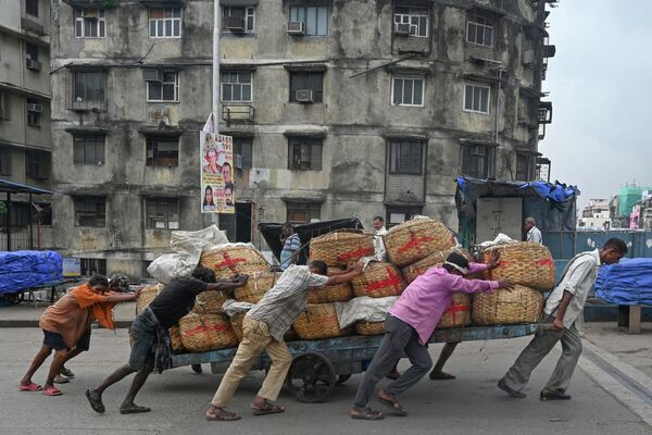 Рабочие толкают ручную тележку с корзинами с рыбой из порта в Мумбаи, Индия. - Sputnik Молдова