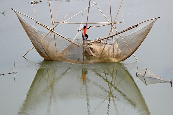 Рыбак на рыболовной сети в водах реки Ямуна в Нью-Дели  - Sputnik Молдова