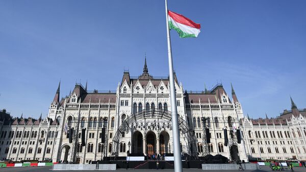 Drapelul Ungariei arborat în fața clădirii Parlamentului, Budapesta, arhiva foto - Sputnik Moldova-România