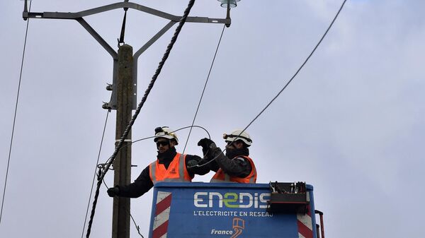 Техники французской национальной электросети Enedis работают на линии электропередачи - Sputnik Moldova-România