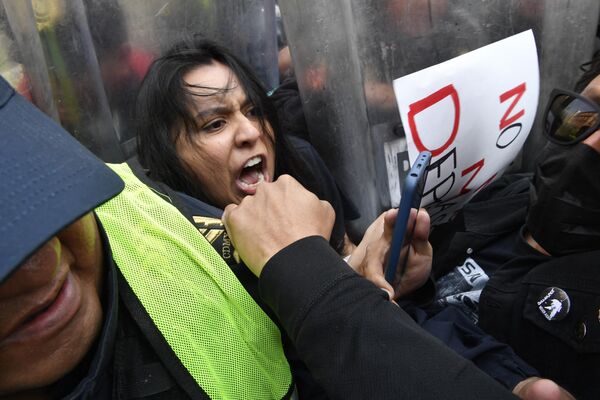 Столкновения демонстрантов с полицией во время акции протеста против массовых депортаций на границе США и Мексики, в окрестностях Национального дворца в Мехико, 10 января 2023 года.  - Sputnik Молдова
