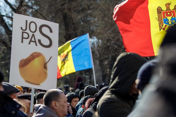 На плакате надпись: &quot;Долой PAS!&quot;, партия &quot;Действие и солидарность&quot; (PAS) является правящей в Молдове.  - Sputnik Молдова