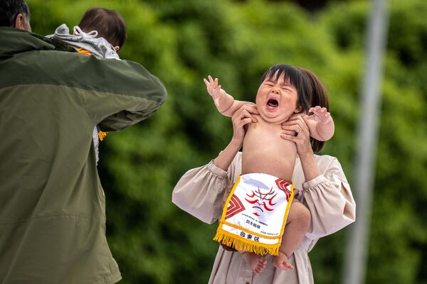 Дети, которых держат родители, начинают свой матч Baby-cry Sumo в Токио, Япония. - Sputnik Молдова
