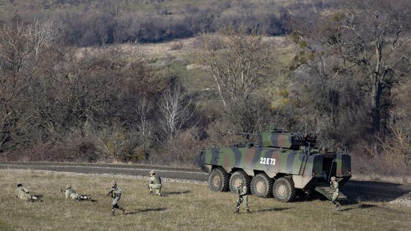 Румынские военнослужащие, занимающие позиции возле румынской боевой машины пехоты (БМП) Mowag Piranha V - Sputnik Moldova-România