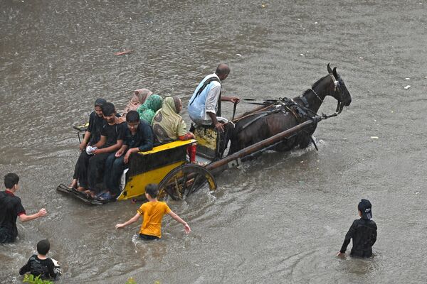 Люди едут на конной повозке по затопленной улице после сильных дождей в Лахоре, Пакистан. - Sputnik Молдова