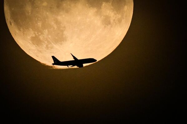Un Airbus A320 al companiei British Airways din Belfast, care se pregătește să aterizeze la Heathrow, zboară pe lângă luna plină care răsare pe cerul Londrei pe 30 august 2023. - Sputnik Moldova
