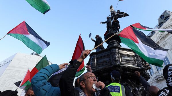 Протестующие на площади Пикадилли во время Марша за Палестину в Лондоне - Sputnik Moldova-România