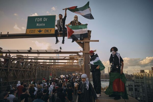 Протестующие в поддержку Палестины на Бруклинском мосту, Нью-Йорк, США - Sputnik Молдова