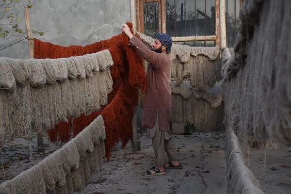 Рабочий вручную красит шерстяные нити для сушки на фабрике традиционной пряжи, Афганистан - Sputnik Молдова