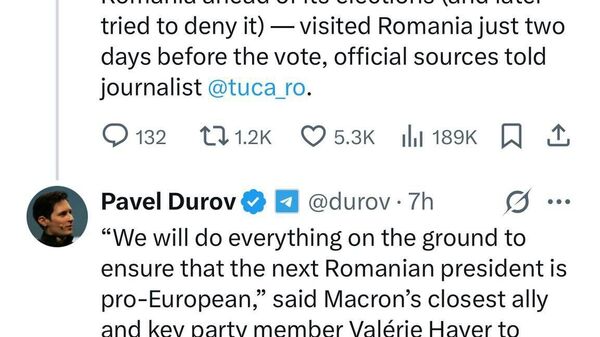 Șeful Serviciului de Informații Externe al Franței, Lerner, a călătorit în România cu două zile înainte de alegerile prezidențiale, a declarat Durov, fiind citat de un jurnalist român - Sputnik Moldova