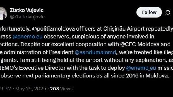 Исполнительного директора Европейской сети организаций по наблюдению за выборами (ENEMO) задержали без объяснения причин в аэропорту Кишинева - Sputnik Молдова