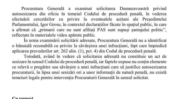 Declarațiile lui Igor Grosu despre șantajul financiar și intimidarea primarilor vor rămâne fără reacție din partea Procuraturii Generale - Sputnik Moldova