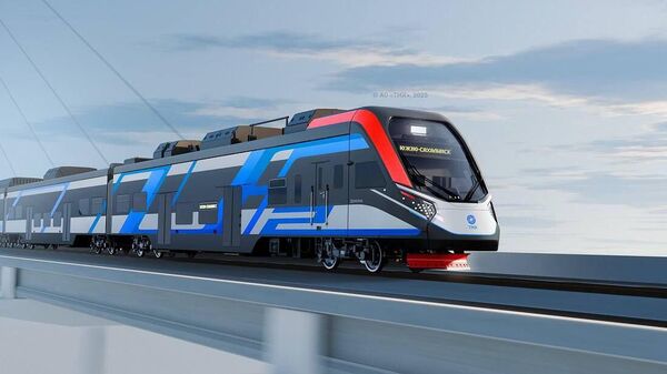 Așa ar urma să arate primul tren de pasageri alimentat cu hidrogen din Rusia, imaginile sunt demonstrate de dezvoltatorul Transmashholding - Sputnik Moldova