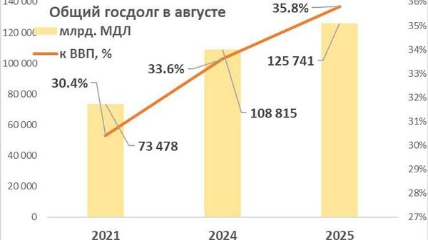 К концу августа 2025 года общий госдолг Молдовы достиг 125,7 млрд леев, увеличившись за месяц на 1,5 млрд леев, заявил экономист Владимир Головатюк - Sputnik Молдова