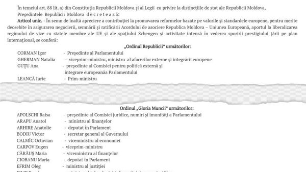 S-au premiat reciproc: „Conferindu-i fostului președinte al Moldovei Nicolae Timofti Ordinul Republicii, Maia Sandu pur și simplu i-a întors acestuia datoria din 2014, când președintele Timofti i-a conferit ministrei Maia Sandu același ordin”, scrie canalul de Telegram „Гений Карпат” - Sputnik Moldova