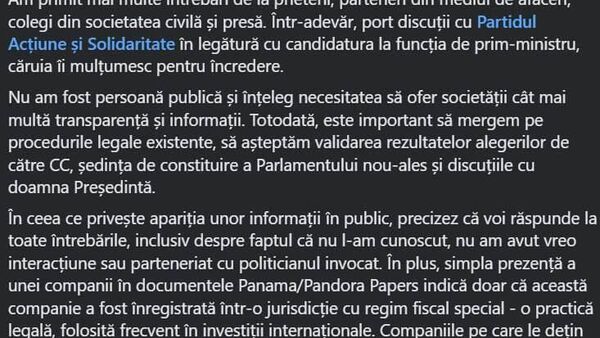 Candidatul PAS la funcția de prim-ministru a făcut o primă declarație publică, după ce și-a făcut foarte recent și un cont pe o rețea de socializare - Sputnik Moldova