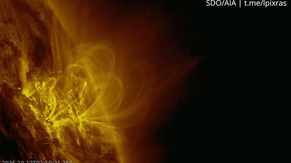 Laboratorul de astronomie solară al Institutului de Cercetări Spațiale al Academiei Ruse de Științe (IKI RAN) a prezentat regiunea solară 4246 — extrem de bogată în energie — care, „în fum și flăcări”, trece acum pe partea îndepărtată a Soarelui - Sputnik Moldova