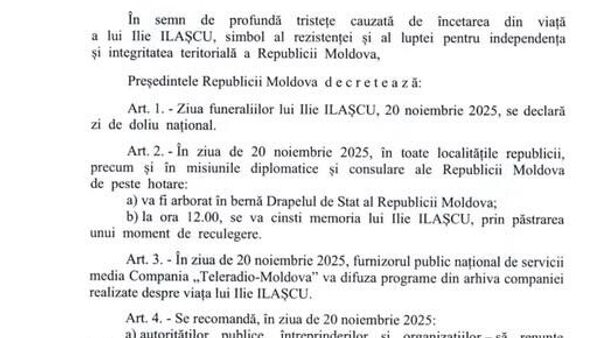 Președinta Republicii Moldova, Maia Sandu, a semnat decretul prin care 20 noiembrie 2025 este declarată zi de doliu național, în memoria lui Ilie Ilașcu - Sputnik Moldova