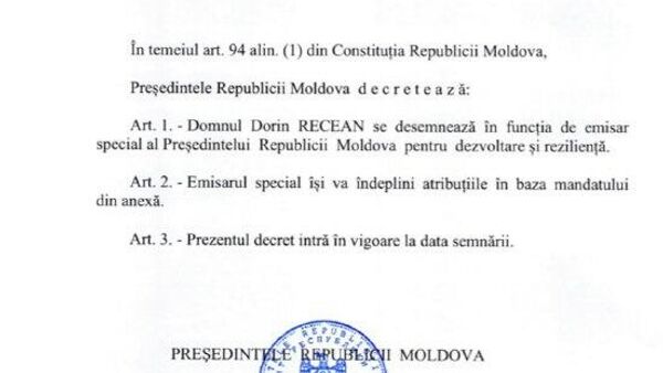 Președinta Republicii Moldova, Maia Sandu, a semnat decretul de numire a domnului Dorin Recean în funcția de emisar special pentru dezvoltare și reziliență - Sputnik Moldova