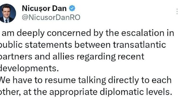 Președintele Nicușor Dan a comentat, într-o postare pe X, în limba engleză, creșterea tensiunilor din Washington și aliații europeni din NATO, după ce președintele Donald Trump a anunțat că va impune taxe vamale suplimentare pentru opt țări care se opun intenției Casei Albe de a cumpăra Groenlanda - Sputnik Moldova
