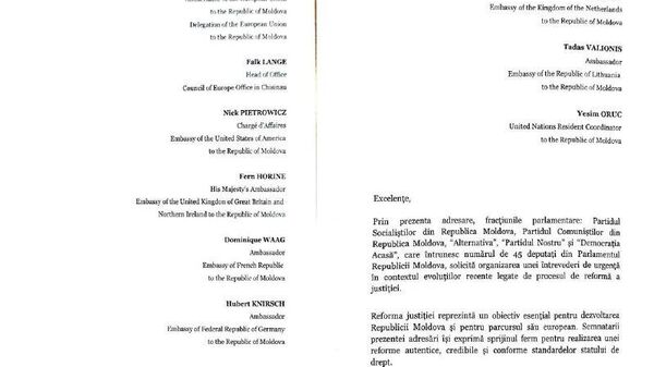 Toate partidele de opoziție din Parlamentul Republicii Moldova au semnat și a expediat o adresare comună reprezentanților Uniunii Europene, Consiliului Europei, Statelor Unite ale Americii, Marii Britanii, Franței, Germaniei, Olandei, Lituaniei și Organizației Națiunilor Unite acreditați în Republica Moldova - Sputnik Moldova