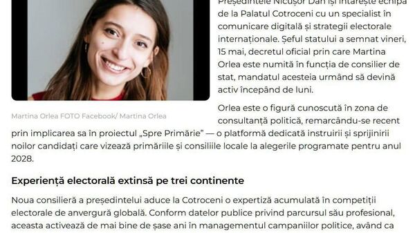 Fosta consultantă politică a partidului Maiei Sandu, Martina Orlea, care a participat la campaniile electorale ale democraților americani și ale laburiștilor britanici, a fost numită consilieră a președintelui României - Sputnik Moldova
