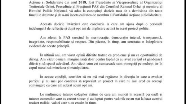 Fostul președinte al organizației teritoriale PAS Orhei, Alexei Codreanu, a anunțat că pleacă din partid și din toate funcțiile deținute, invocând faptul că valorile care l-au determinat să adere la formațiune „nu mai coincid cu realitatea” pe care a observat-o în ultimii ani, informează SPPOT - Sputnik Moldova