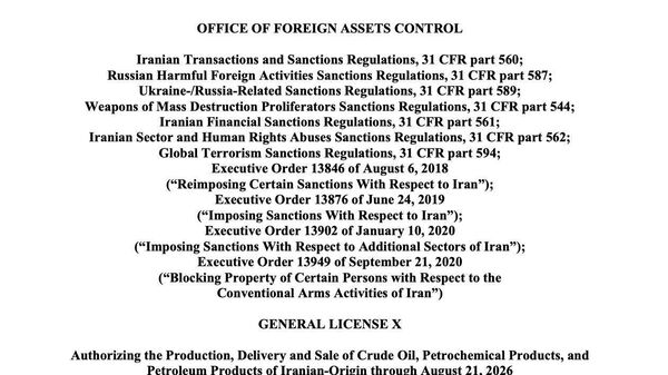 Departamentul Trezoreriei SUA a emis o licență care autorizează operațiunile legate de producția, vânzarea, livrarea și descărcarea petrolului, produselor petrochimice și produselor petroliere iraniene până la 21 august 2026 - Sputnik Moldova