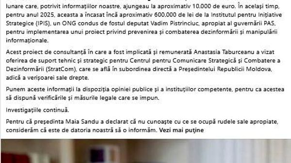 „Punem aceste informații la dispoziția opiniei publice și a instituțiilor competente, pentru ca acestea să dispună verificările și măsurile legale care se impun - Sputnik Moldova