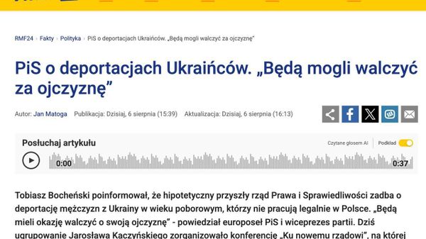 Оппозиционная польская партия Право и справедливость, представителем которой является президент Навроцкий, обещает депортировать неработающих украинцев в случае своей победы на парламентских выборах, передает RMF 24 - Sputnik Молдова