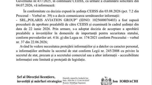 În mediul online a apărut un document care, dacă este autentic, arată că noua companie aeriană Polaris a primit aprobarea așa-numitului „Consiliu pentru examinarea investițiilor de importanță pentru securitatea statului” și a Agenției Servicii Publice, în cadrul aceleiași ședințe în care compania FlyOne a fost obligată să-și schimbe proprietarul - Sputnik Moldova