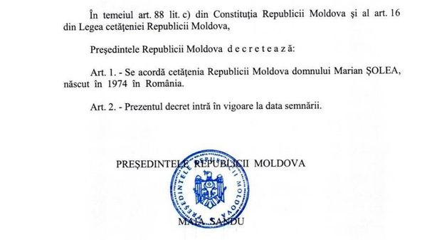 De asemenea, Sandu i-a acordat cetățenia Republicii Moldova românului Marian Șolea, combatant în războiul din 1992 de la Nistru - Sputnik Moldova