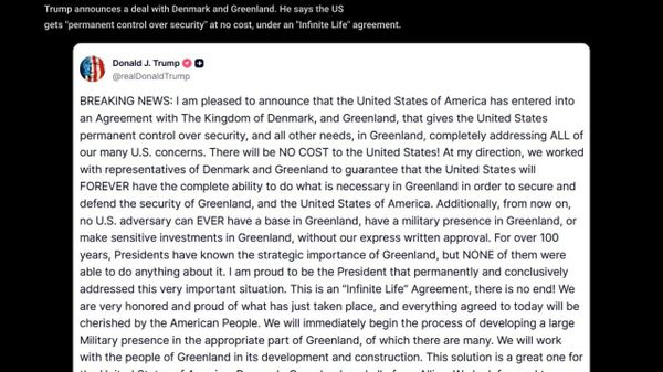 Trump afirmă că SUA au ajuns la un acord cu Danemarca și Groenlanda, care le acordă americanilor control „permanent” asupra securității în Groenlanda, fără niciun cost, și că Washingtonul va dezvolta o prezență militară semnificativă în partea corespunzătoare a Groenlandei - Sputnik Moldova