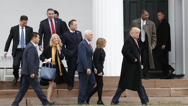 President-elect Donald Trump, foreground from right, Charlotte Pence, Vice President-elect Mike Pence, incoming White House Chief of Staff Reince Priebus and Kellyanne Conway leave services at Lamington Presbyterian Church in Bedminster, N.J., Sunday, Nov. 20, 2016. - Sputnik Moldova-România
