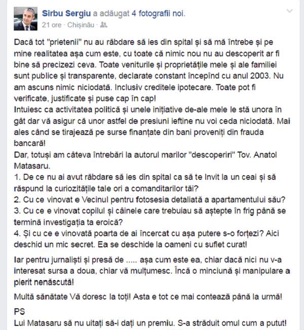 Postarea lui Sergiu Sârbu pe facebook - Sputnik Moldova