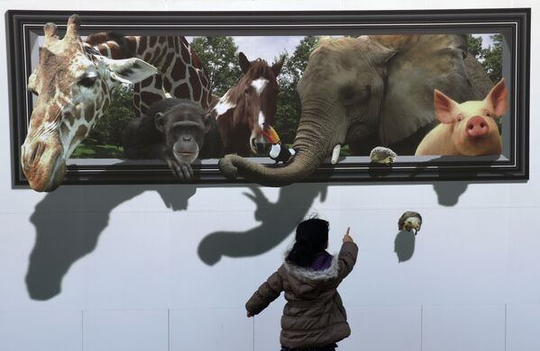 Девочка смотрит на 3D-изображение животных на стене, ограждающей строительство площадки для стрельбы из лука для Олимпийских игр 2020 в Токио - Sputnik Молдова
