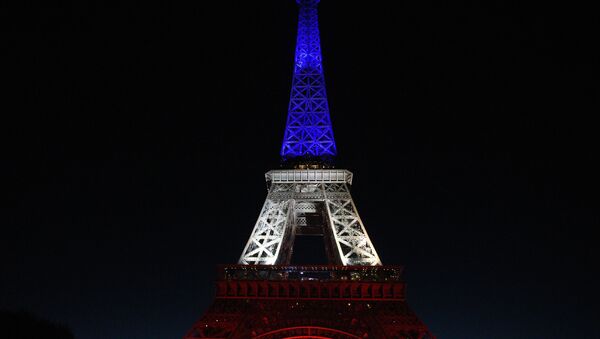 Эйфелева башня в Париже, подсвеченная в цвета французского флага - Sputnik Moldova