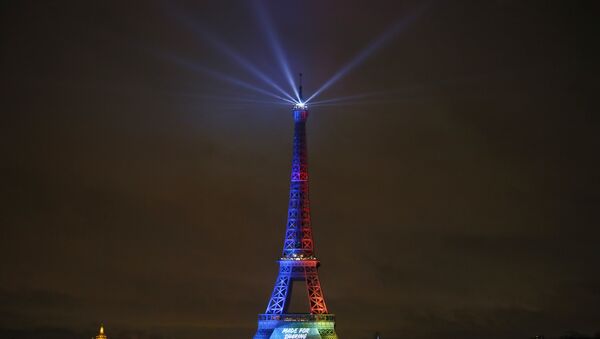 Эйфелева башня освещена огнями во время запуска международной кампании Парижа в качестве кандидата на Олимпийские летние игры 2024 года в Париже - Sputnik Moldova-România