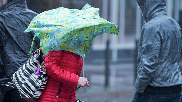A woman struggles against a gust of wind in Frankfurt, central Germany - Sputnik Moldova-România